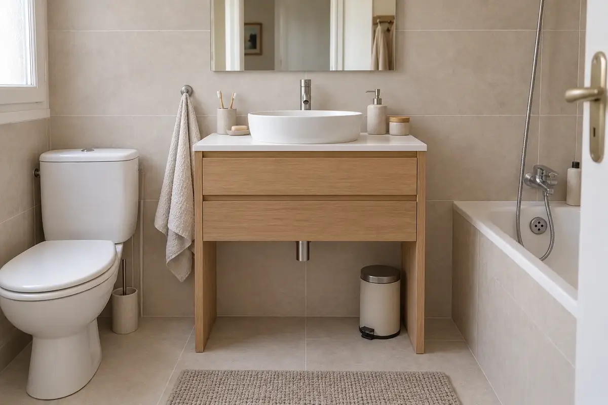 Le même coin toilette avec un meuble vasque en bois et une vasque neuve (visuel d’illustration)