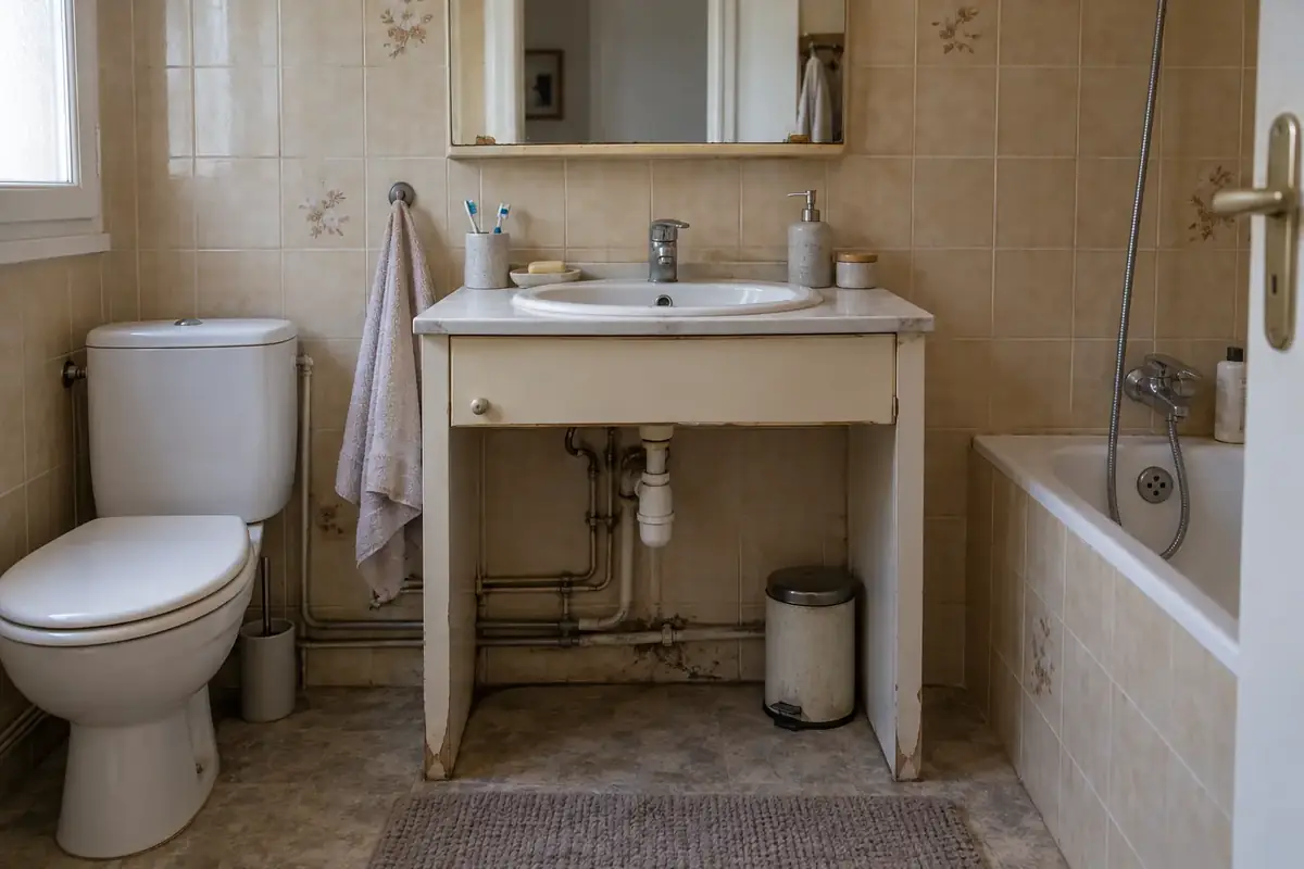 Lavabo ancien avec tuyauterie apparente (visuel d’illustration)