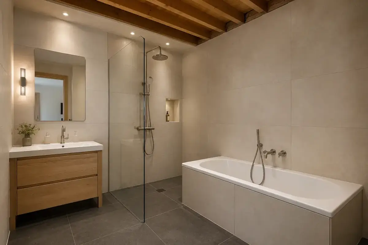 Salle de bains terminée avec douche, baignoire et meuble vasque (visuel d’illustration)