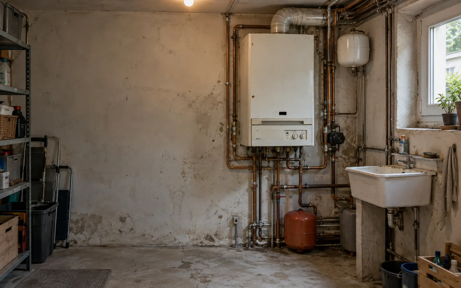 Local technique avec une installation de chauffage vieillissante, avant rénovation (visuel d’illustration)
